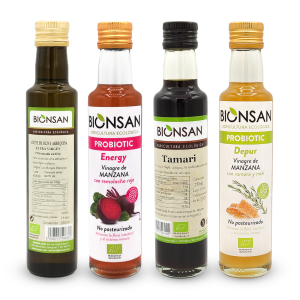 Pack Aliños Espaciales con aceite de oliva, vinagre de manzana con miel y romero y remolacha y tamari